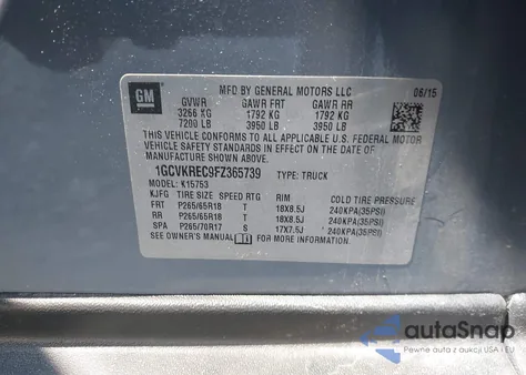 2015 Chevrolet Silverado 1500 2Lt из США, поврежденный, VIN 1GCVKREC9FZ365739